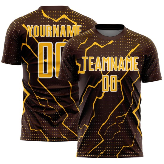 Sports Custom Gold-White Lightning Sublimation Brown Jersey Uniform Soccer Sports Custom Gold-White Lightning Sublimation Brown Jersey Uniform Soccer